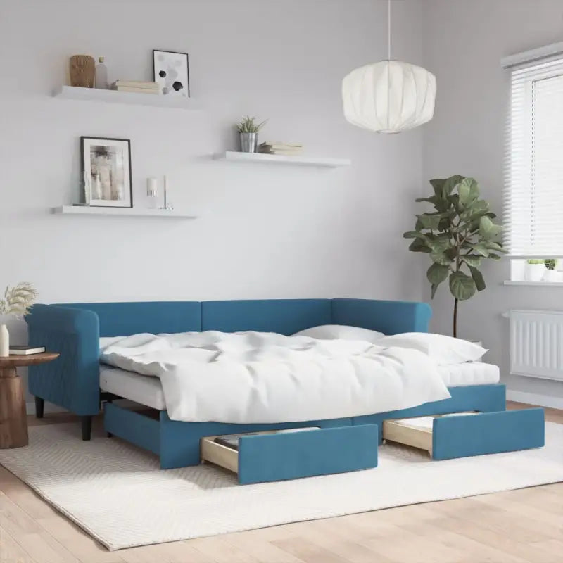 Moderne 2-in-1 slaapbank met onderschuifbed voor woon en slaapkamer - Blauw / 90 x 200 cm / met onderschuifbed en lade