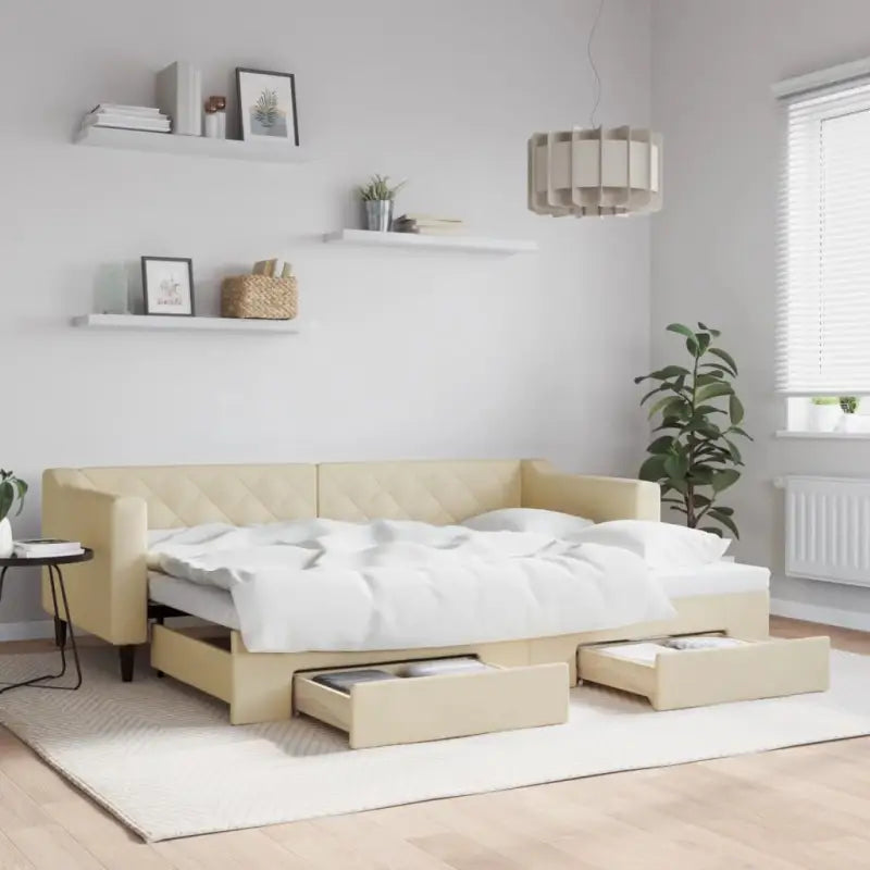 Moderne 2-in-1 slaapbank met onderschuifbed voor woon en slaapkamer - Crème / 80 x 200 cm / met onderschuifbed en lade