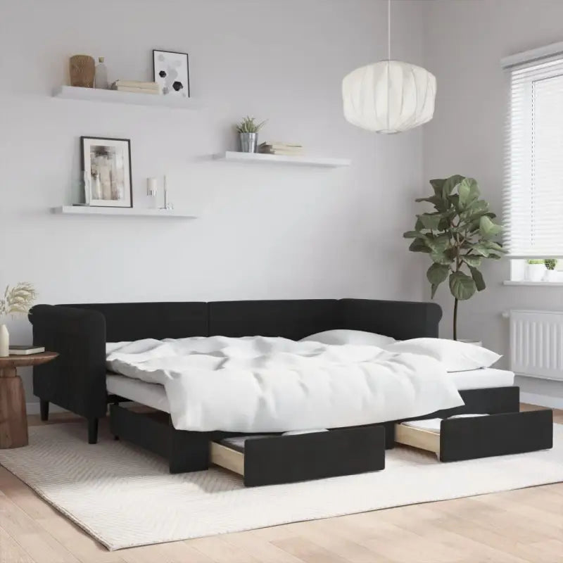 Moderne 2-in-1 slaapbank met onderschuifbed voor woon en slaapkamer - Zwart / 90 x 200 cm / met onderschuifbed en lade