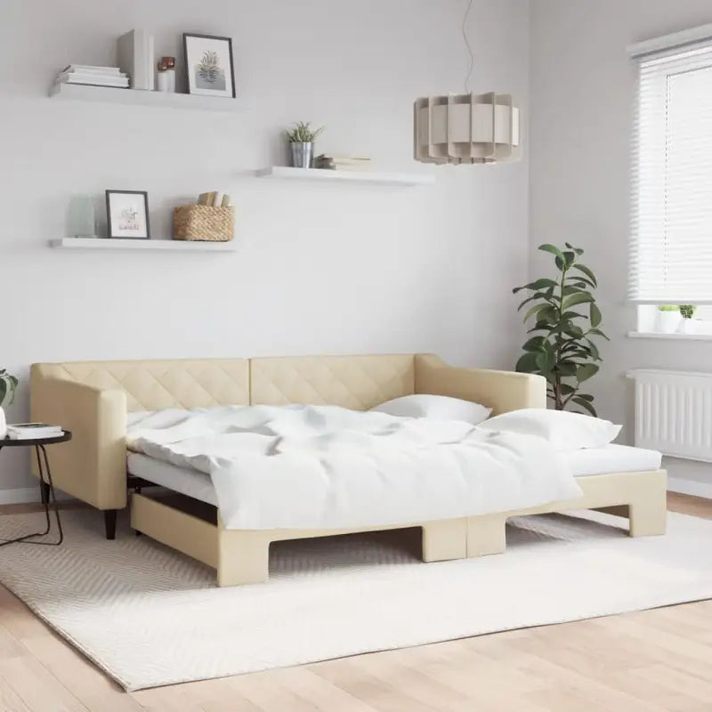Moderne 2-in-1 slaapbank met onderschuifbed voor woon en slaapkamer - Crème / 100 x 200 cm / met onderschuifbed