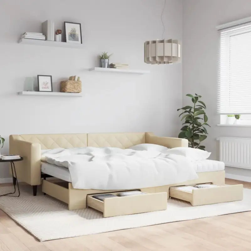 Moderne 2-in-1 slaapbank met onderschuifbed voor woon en slaapkamer - Crème / 90 x 200 cm / met onderschuifbed en lade