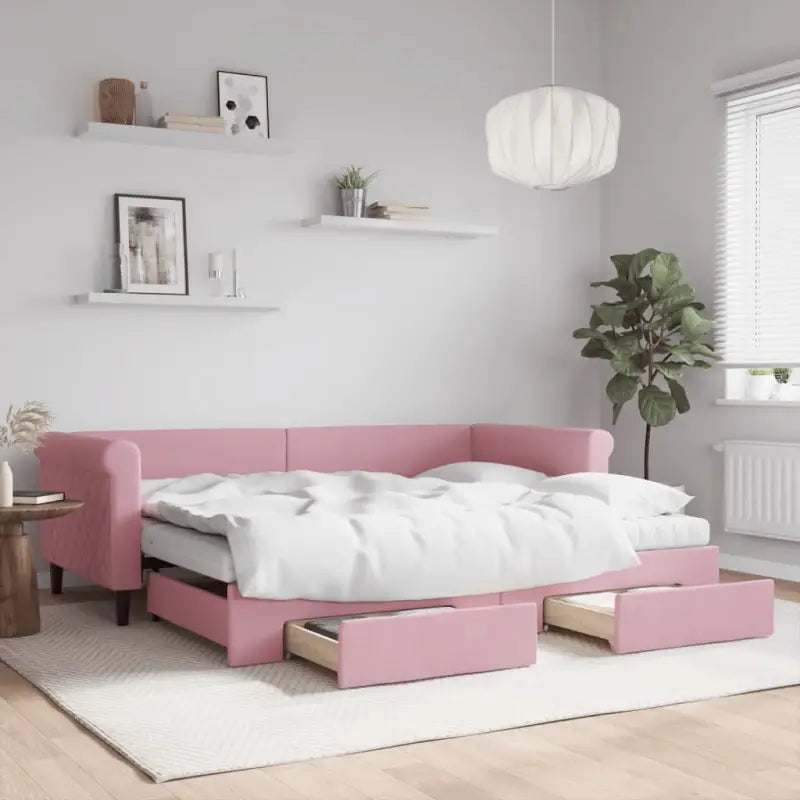 Moderne 2-in-1 slaapbank met onderschuifbed voor woon en slaapkamer - Roze / 90 x 200 cm / met onderschuifbed en lade