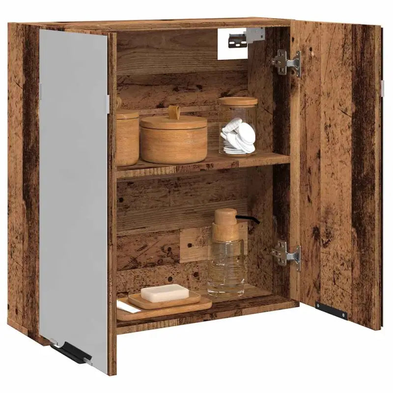 Moderne badkamerkaptafel van bewerkt hout met spiegel en opbergruimte - Oud hout / 1 - Badkamerkaptafels