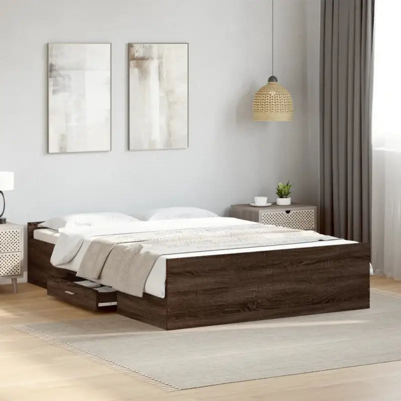 Moderne bedframe met lades van bewerkt hout voor een stijlvolle slaapkamer - bruin eikenkleur / 135 x 190 cm - Bedden &