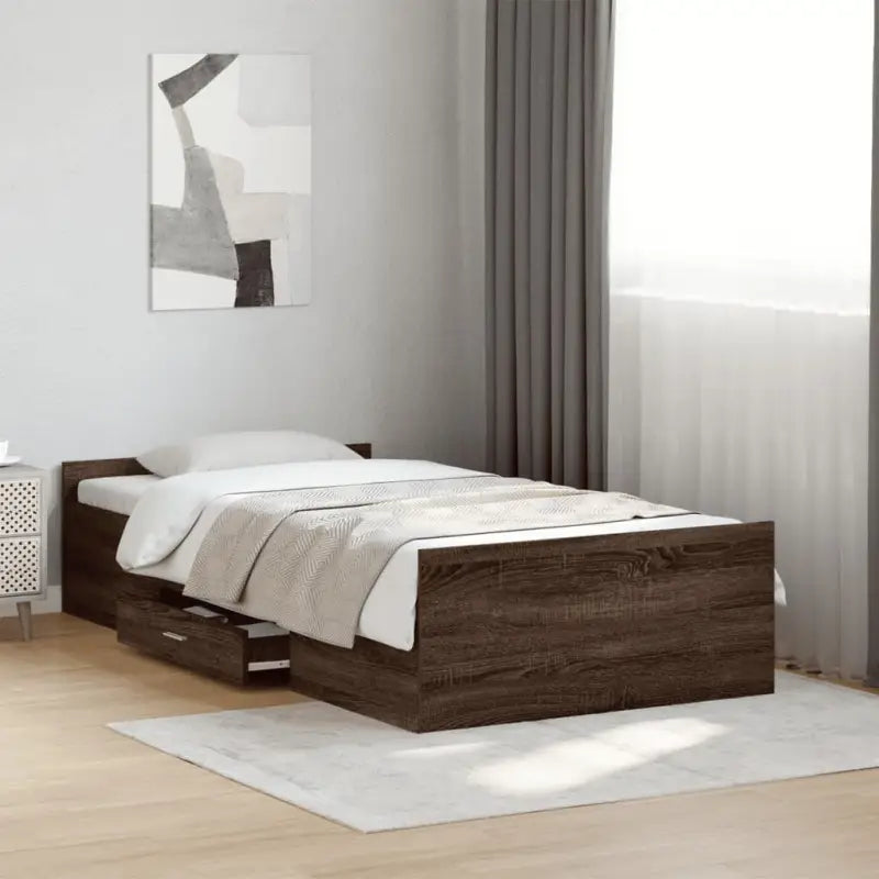 Moderne bedframe met lades van bewerkt hout voor een stijlvolle slaapkamer - bruin eikenkleur / 100 x 200 cm - Bedden &
