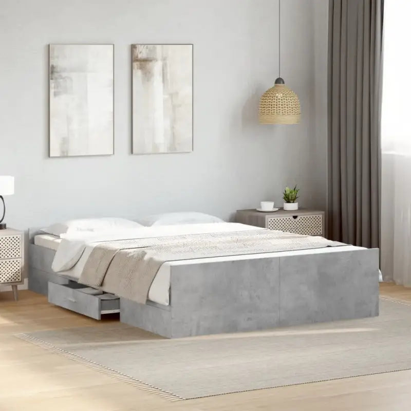 Moderne bedframe met lades van bewerkt hout voor een stijlvolle slaapkamer - Betongrijs / 135 x 190 cm - Bedden &