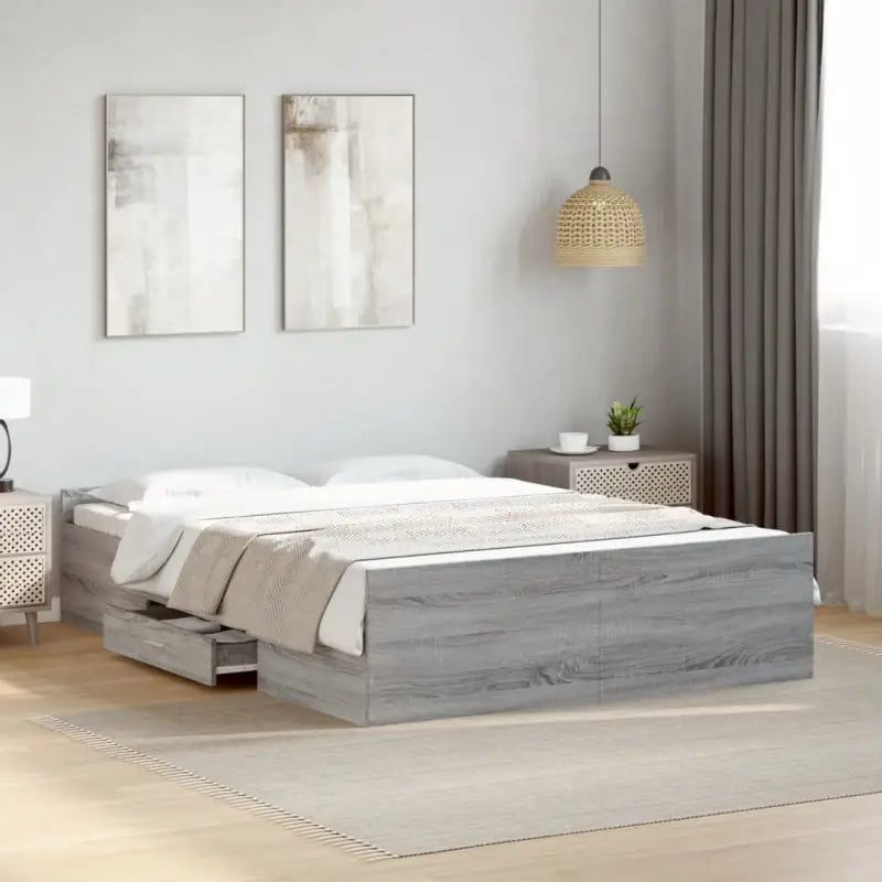 Moderne bedframe met lades van bewerkt hout voor een stijlvolle slaapkamer - Grijs sonoma / 140 x 190 cm - Bedden &