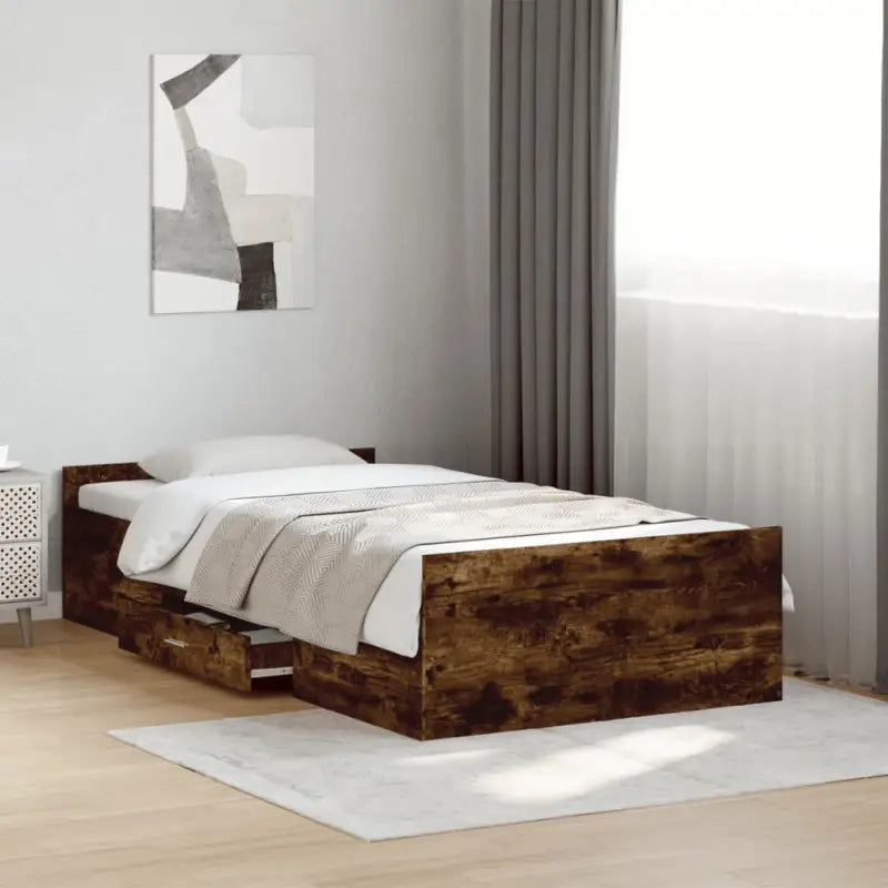 Moderne bedframe met lades van bewerkt hout voor een stijlvolle slaapkamer - Gerookt eiken / 90 x 190 cm - Bedden &
