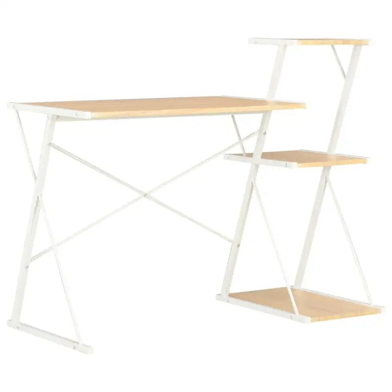 Moderne bureau met praktisch schap en stevige planken - Wit en eiken - Bureaus
