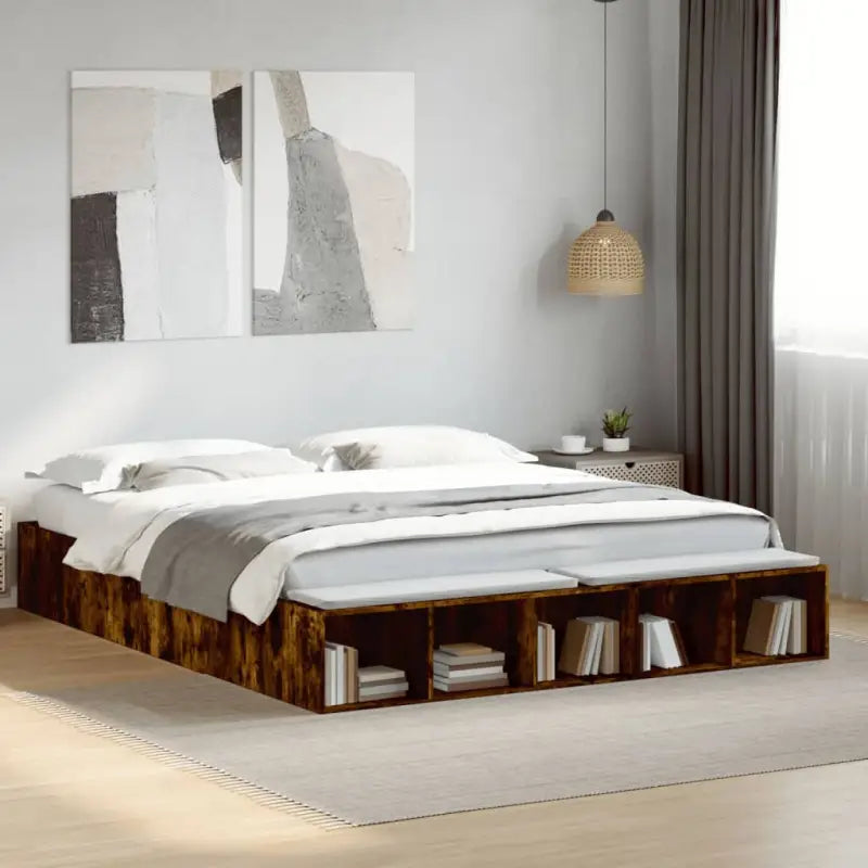 Moderne Grijs Sonoma Bedframe van Bewerkt Hout voor de Slaapkamer - Gerookt eiken / 200 x 200 cm - Bedden & bedframes