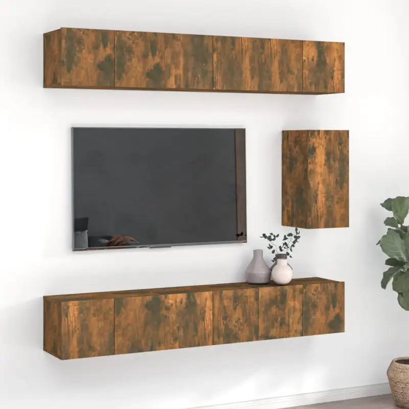 Moderne hangende tv-meubelset in bewerkt hout met opbergruimte - Gerookt eiken / 7 / 60 cm - Tv-meubels