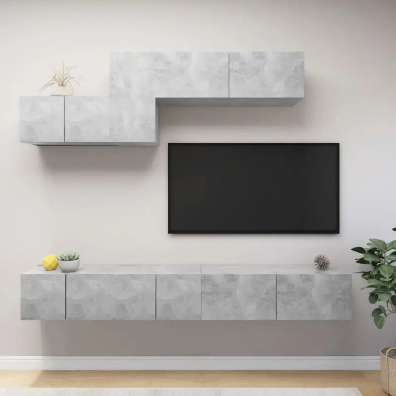 Moderne hangende tv-meubelset in bewerkt hout met opbergruimte - Betongrijs / 6 / 100 cm - Tv-meubels