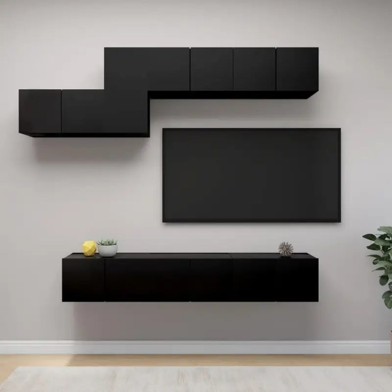 Moderne hangende tv-meubelset in bewerkt hout met opbergruimte - Zwart / 7 / 60 cm - Tv-meubels