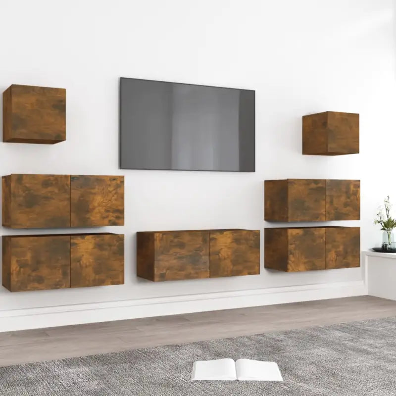 Moderne hangende tv-meubelset van bewerkt hout met opbergruimte - Gerookt eiken / 7 / 80 cm - Tv-meubels