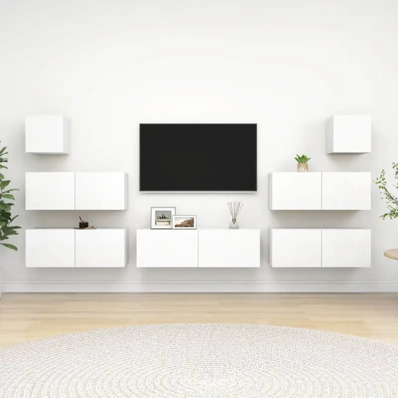 Moderne hangende tv-meubelset van bewerkt hout met opbergruimte - Wit / 7 / 100 cm - Tv-meubels