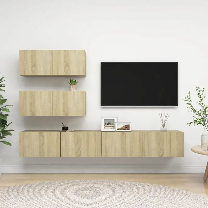 Moderne hangende TV-meubelset van bewerkt hout met veel opbergruimte - Sonoma eiken / 4 / 100 cm - Tv-meubels