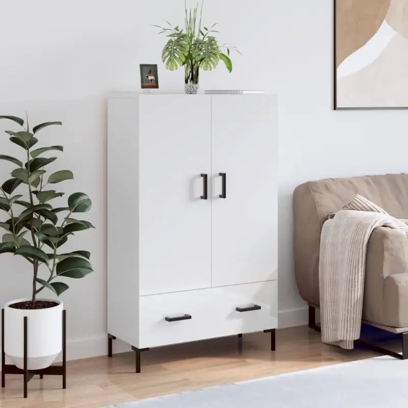 Moderne hoge kast met metalen poten en bewerkt hout - Hoogglans wit / 1 - Dressoirs & buffetkasten