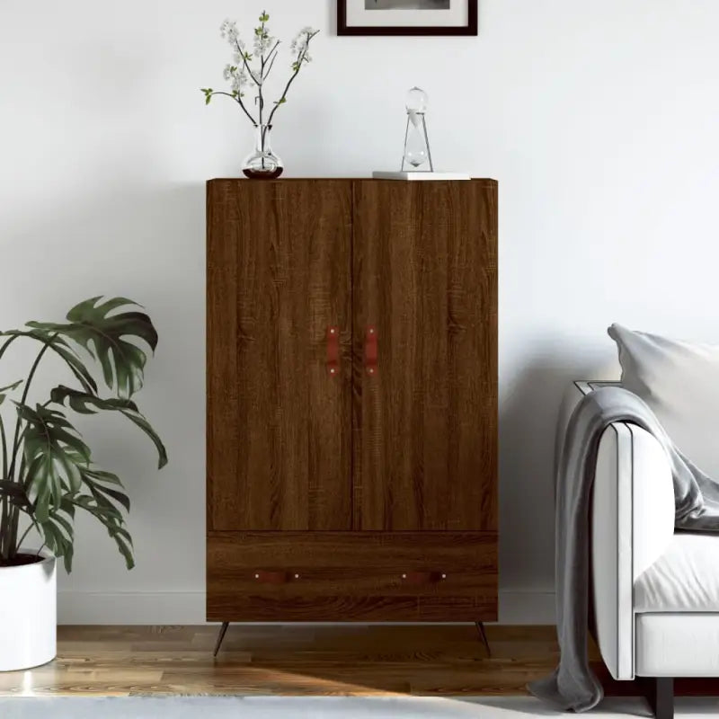 Moderne hoge kast met metalen poten van bewerkt hout - Bruineiken / 1 - Dressoirs & buffetkasten