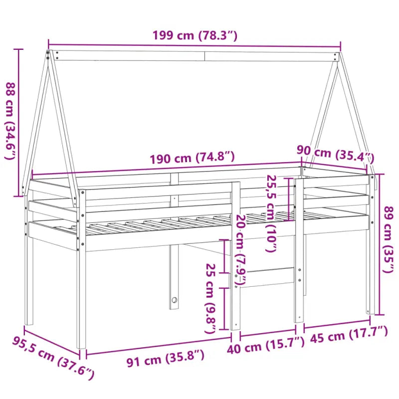 Moderne hoogslaper van massief grenenhout met open zijdeur in wit materiaal - Bedden & bedframes
