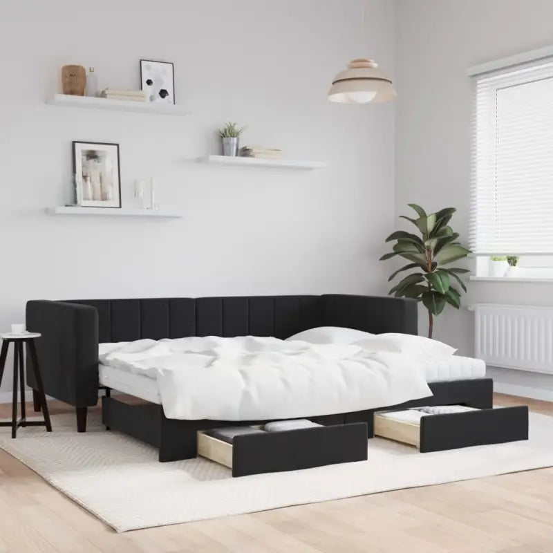 Moderne slaapbank met onderschuifbed voor praktische woon- en slaapkamer - Zwart / 90 x 200 cm / met onderschuifbed