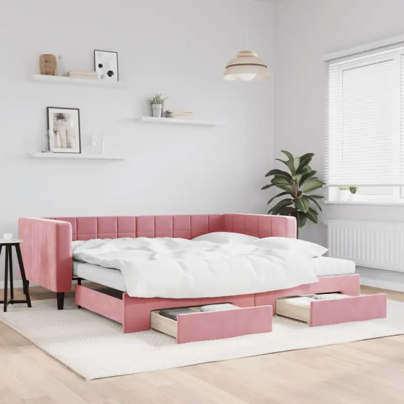 Moderne slaapbank met onderschuifbed voor praktische woon- en slaapkamer - Roze / 100 x 200 cm / met onderschuifbed