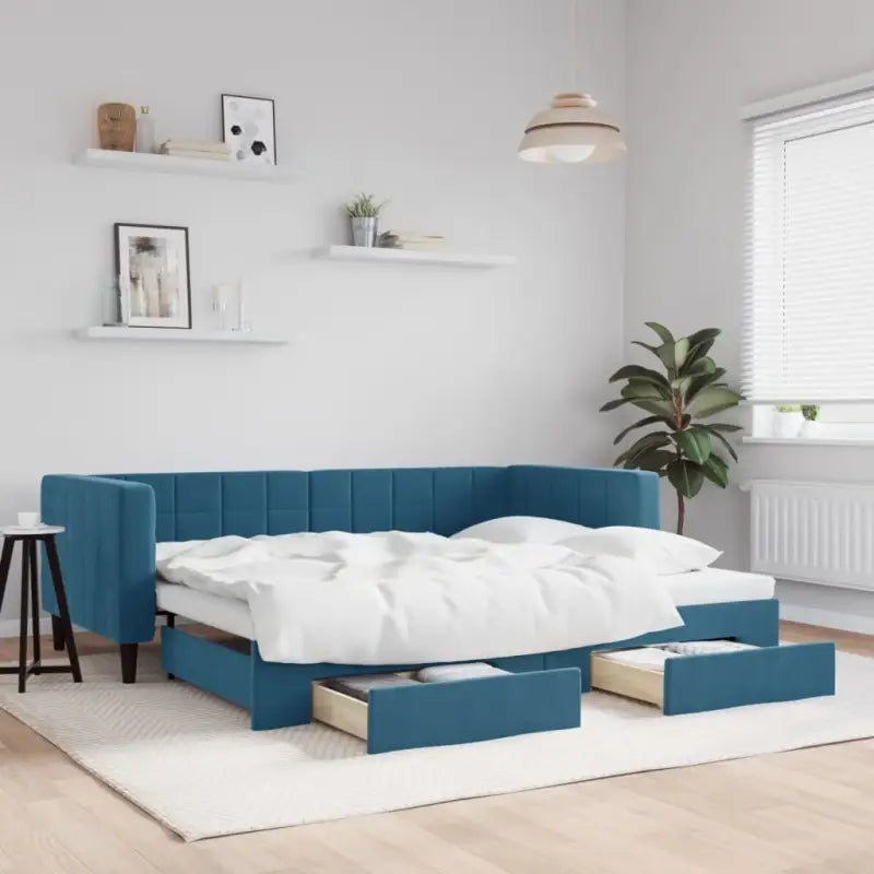 Moderne slaapbank met onderschuifbed voor praktische woon- en slaapkamer - Blauw / 90 x 200 cm / met onderschuifbed