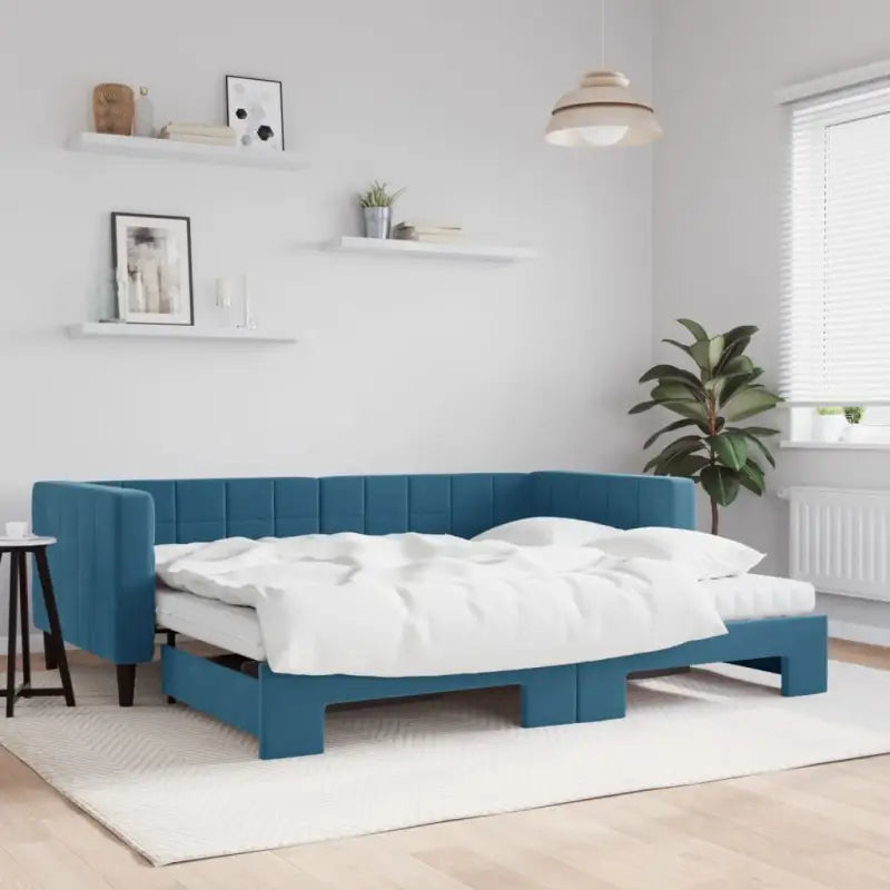 Moderne slaapbank met onderschuifbed voor praktische woon- en slaapkamer - Blauw / 90 x 200 cm / met onderschuifbed