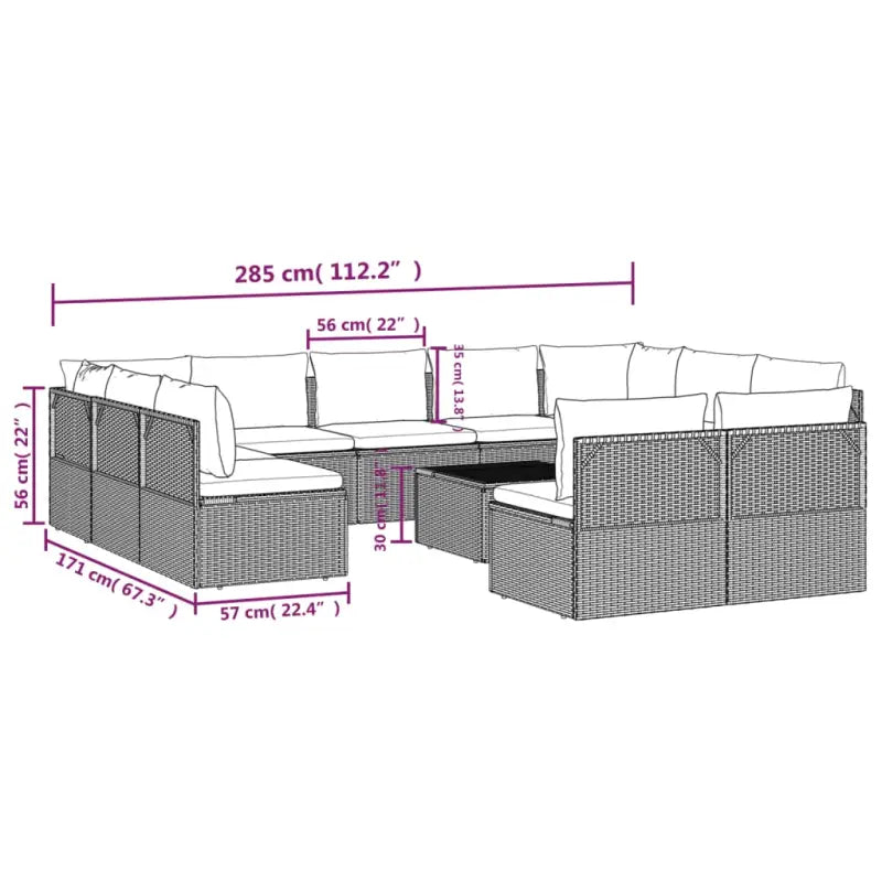Moderne tuin loungeset met poly rattan en waterdichte zak - 2x hoek + 9x midden + Tafel - Tuinsets