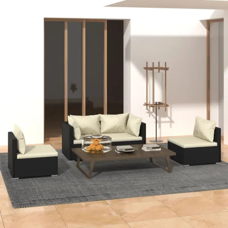 Moderne Tuinset met comfortabele zitkussen en stevige afmetingen - Zwart en crème / 2x hoek + 2x midden - Tuinsets