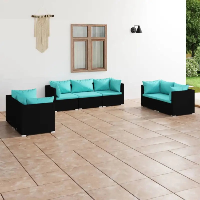 Moderne Tuinset met comfortabele zitkussen en stevige afmetingen - Zwart en waterblauw / 6x hoek + midden - Tuinsets