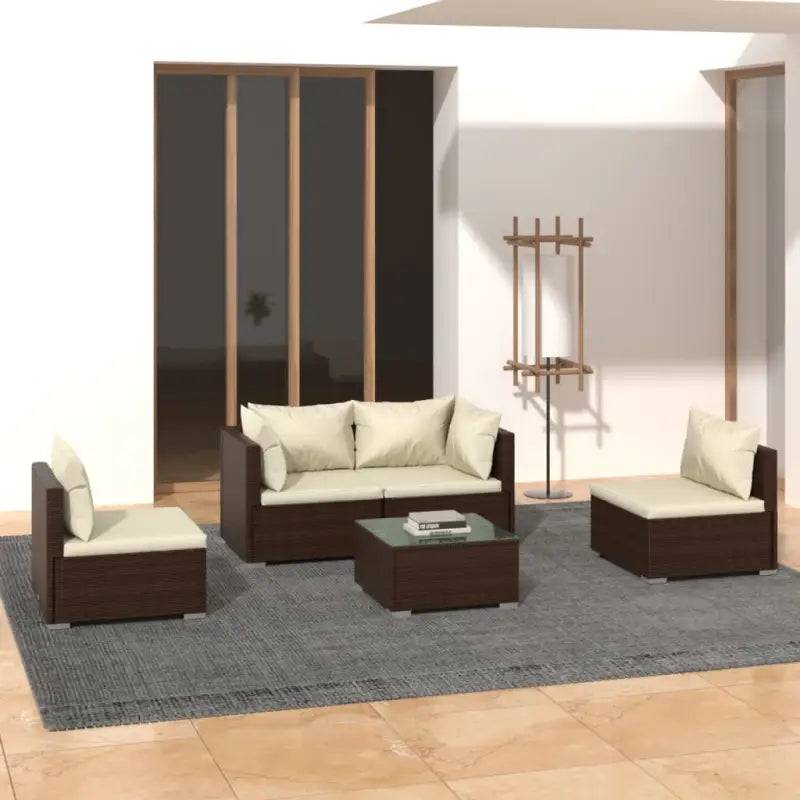 Moderne Tuinset met comfortabele zitkussen en stevige afmetingen - Bruin en crème / 2x hoek + 2x midden + Tafel