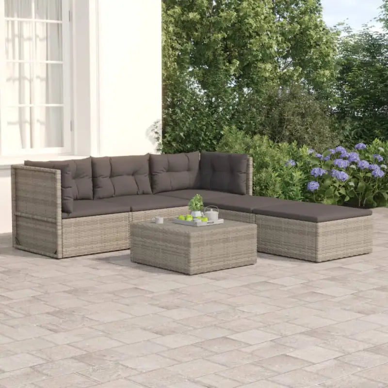 Moderne tuinset met poly rattan en comfortabele afmetingen zitting en rugkussen - 2x hoek + midden + 2x voetensteun