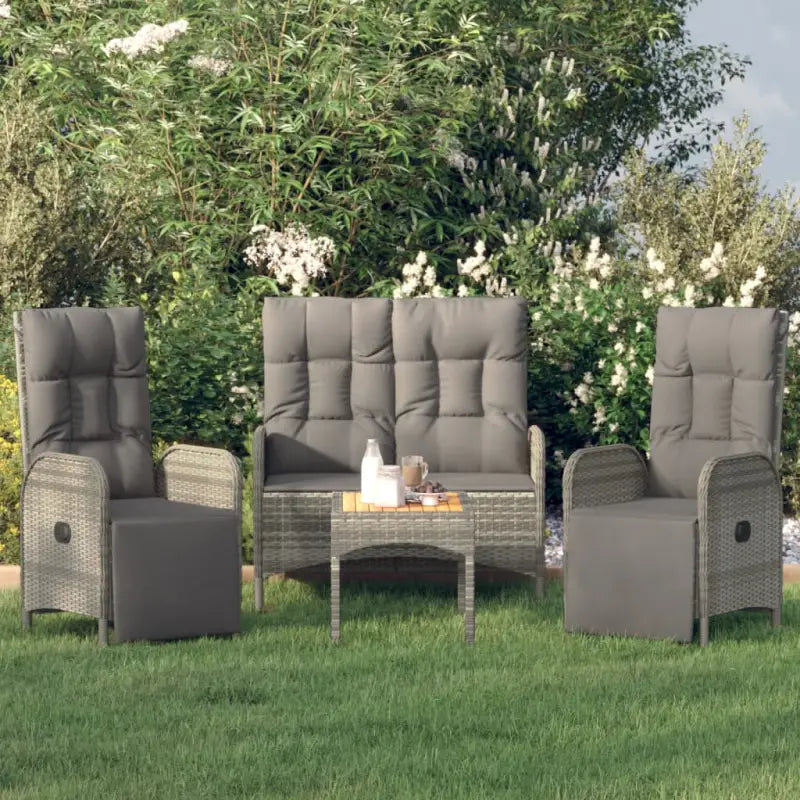 Moderne tuinset met poly rattan en massief acaciahout voor buitengebruik - Grijs / Bank + 2x Fauteuil + Tafel - Tuinsets