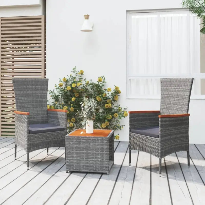 Moderne tuinset van poly rattan met zwart materiaal en gehard glas - Grijs / Massief acaciahout - Tuinsets