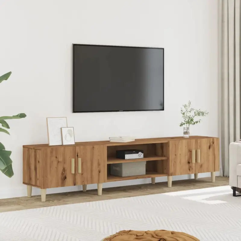 Moderne tv-meubel met bewerkt hout en houten poten voor strak interieur - artisanaal eikenkleurig / 1 - Tv-meubels
