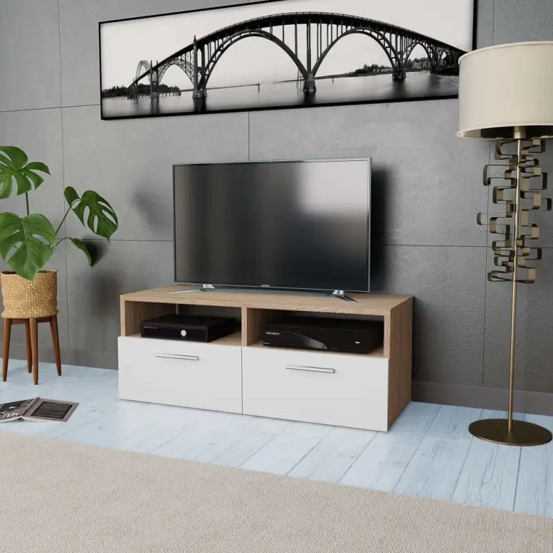 Moderne tv-meubel van bewerkt hout met praktisch en stabiel ontwerp - Eiken en wit / 1 - Tv-meubels