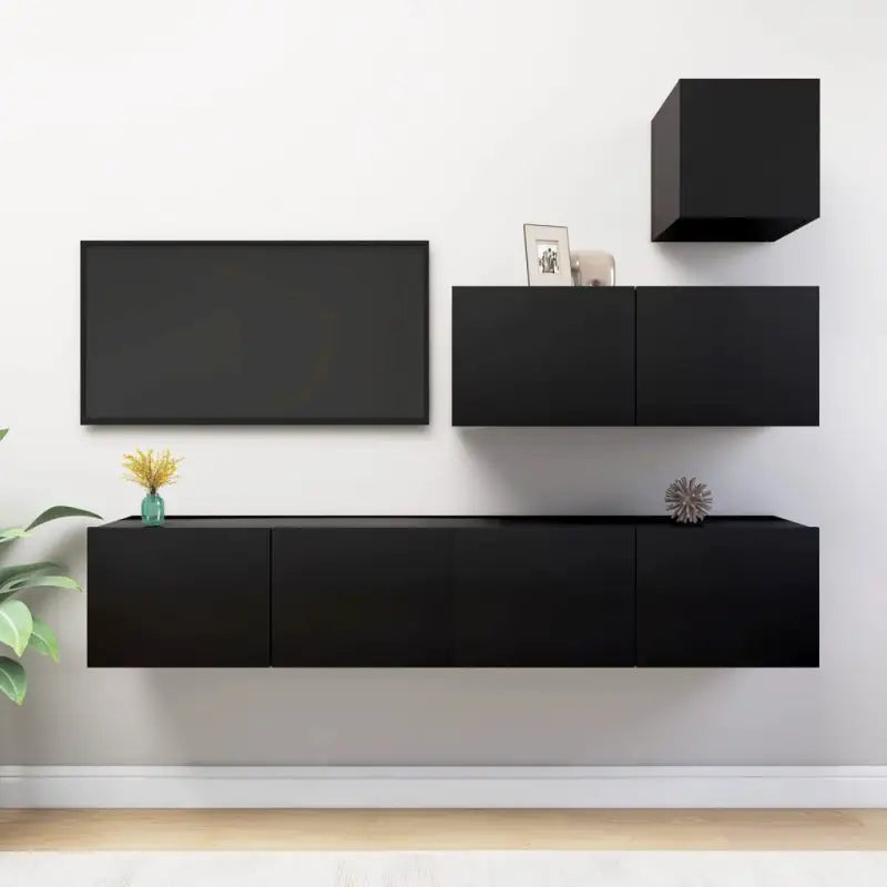 Moderne TV Meubelset Van Behandeld Hout Met Veel Opbergruimte - Zwart / 1 / 80 cm - Tv-meubels