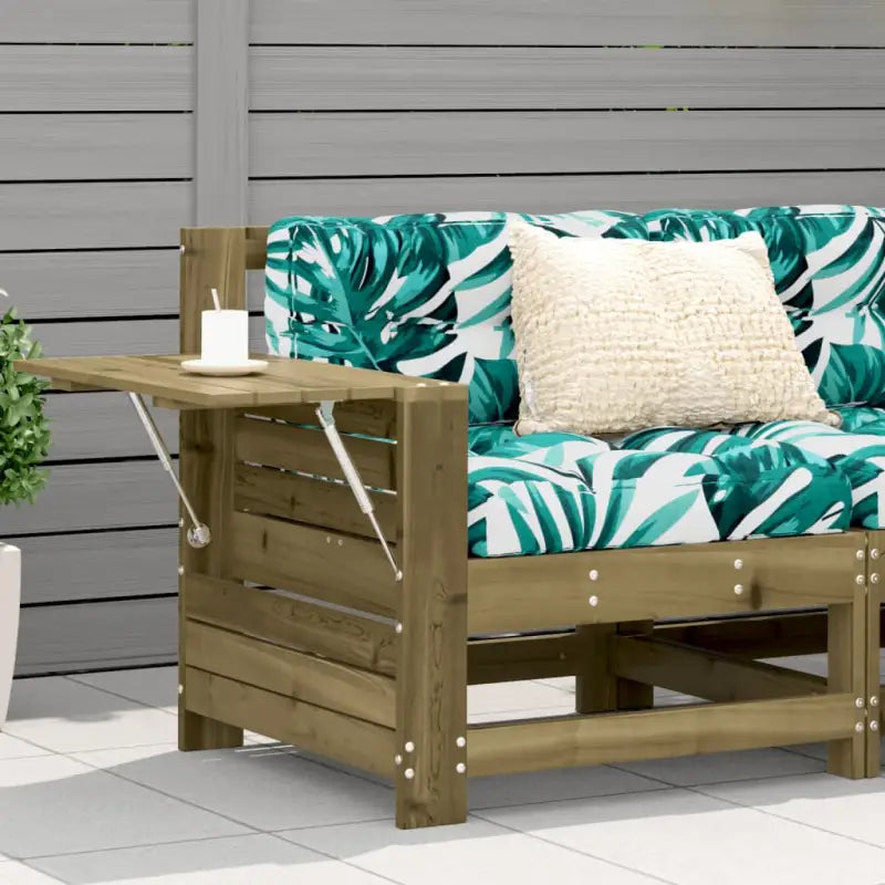 Modulaire houten tuinbank met kussen voor terras en tuinfeesten - Bruin / Groen blad / 1 / Hoekbank met bijzettafel