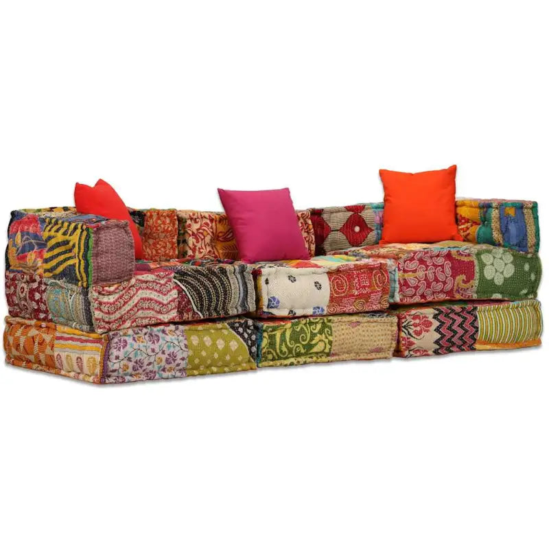 Modulaire poef met patchwork ontwerp voor exotische interieurstijl - Patchwork / 1 / Driezitsbank met rugleuning