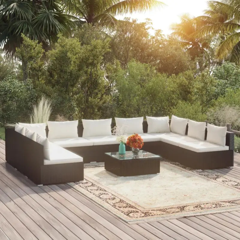Modulaire poly rattan tuinset met comfortabele zitkussens en instelbare diepte - Zwart en crème / 2x hoek + 7x midden