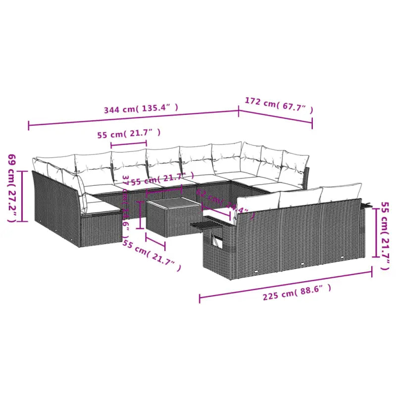 Modulaire tuinbanken van zwart materiaal en gepoedercoat staal met afmetingen - Modulaire tuinbanken
