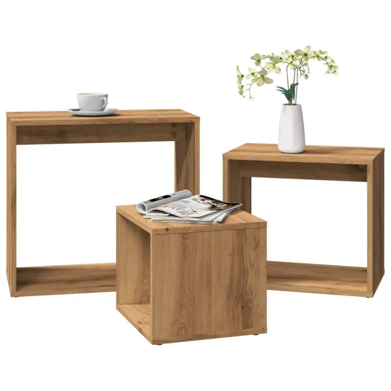 Multifunctionele bijzettafelset voor kleine ruimtes met grote en medium tafels - artisanaal eikenkleurig / 3