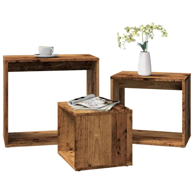 Multifunctionele bijzettafelset voor kleine ruimtes met grote en medium tafels - Oud hout / 3 - Bijzettafels