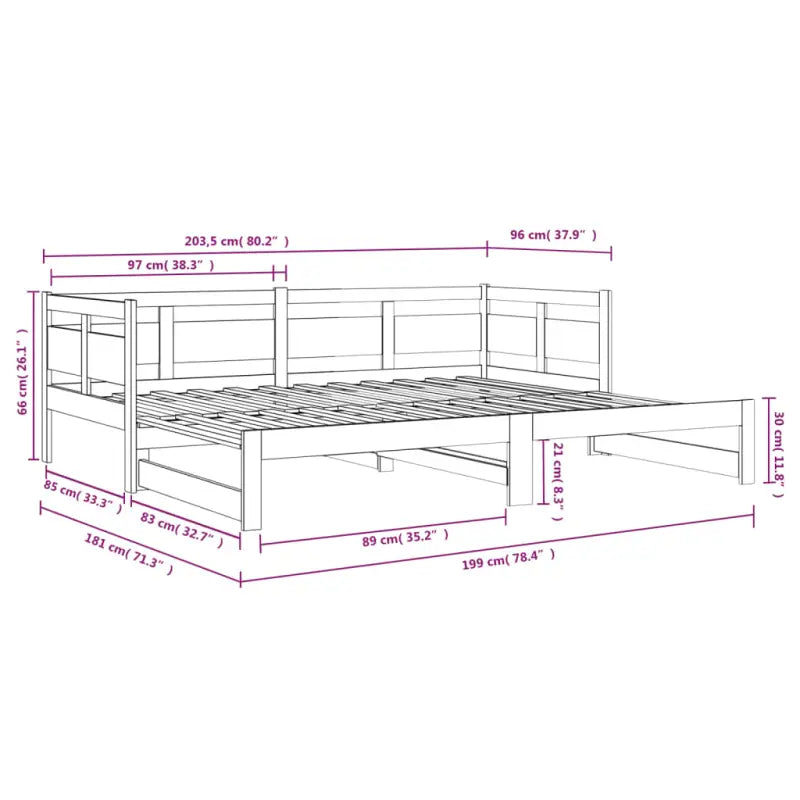 Multifunctionele slaapbank in massief Grenenhout met totale afmetingen - Bedden & bedframes