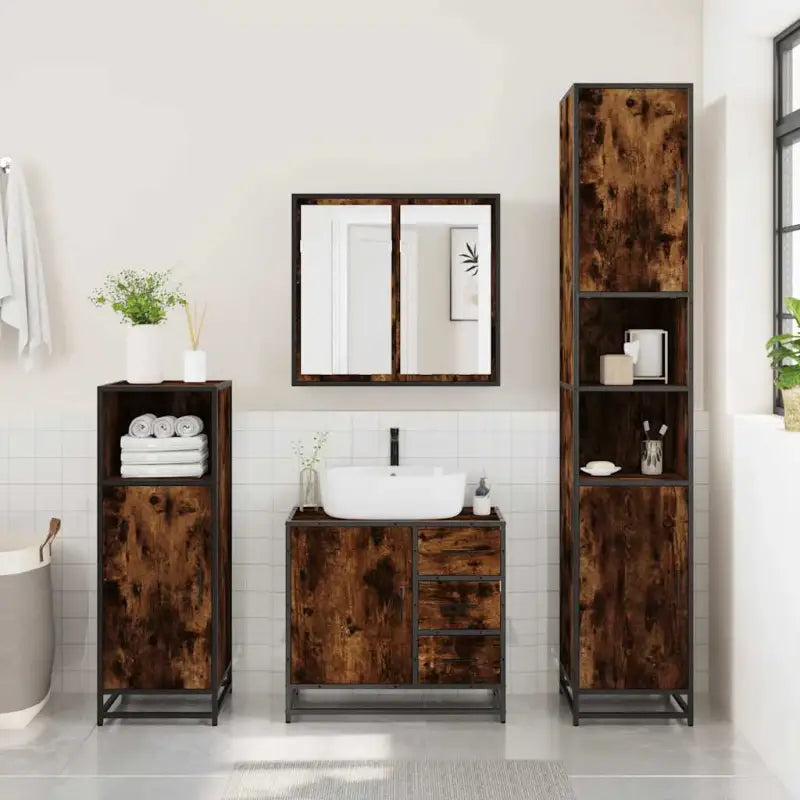 Muur gemonteerde badkamermeubelset met bewerkt hout voor een strakke uitstraling - Badkamermeubelsets