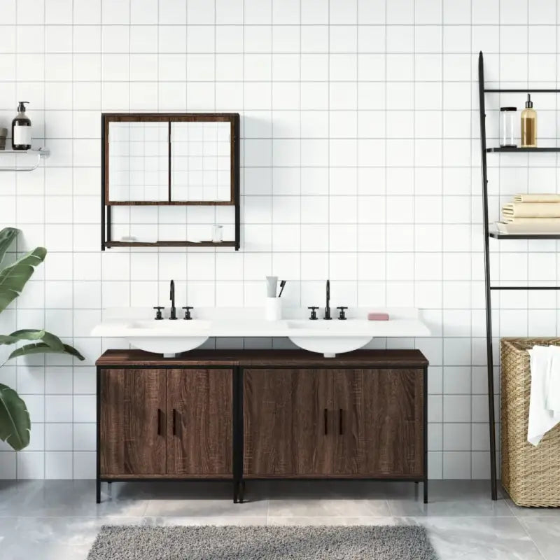 Muur Gemonteerde Badkamermeubelset van Bewerkt Hout met Veel Opbergruimte - Badkamermeubelsets