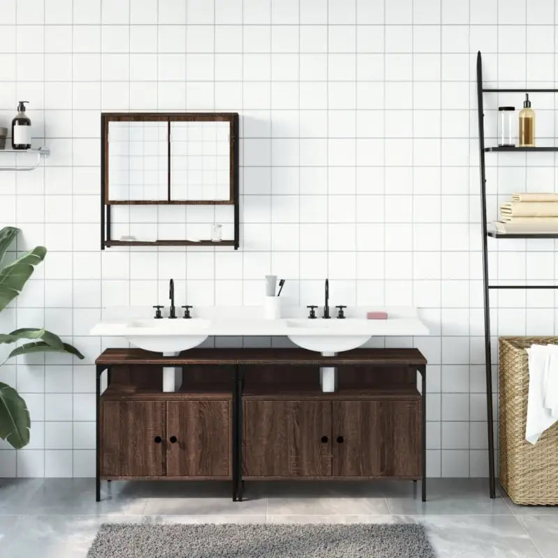 Muur gemonteerde badkamermeubelset van bewerkt hout met veel opbergruimte - Badkamermeubelsets