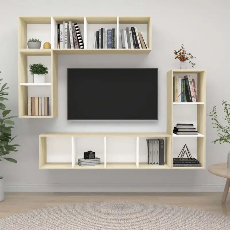 Muur Vast Tv Meubel met Opbergruimte - Wit en sonoma eiken / 1 - Tv-meubels