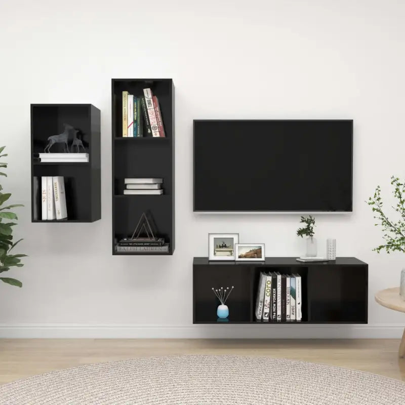 Muurbevestigd Tv-meubel met opbergruimte - Hoogglans zwart / 1 - Tv-meubels