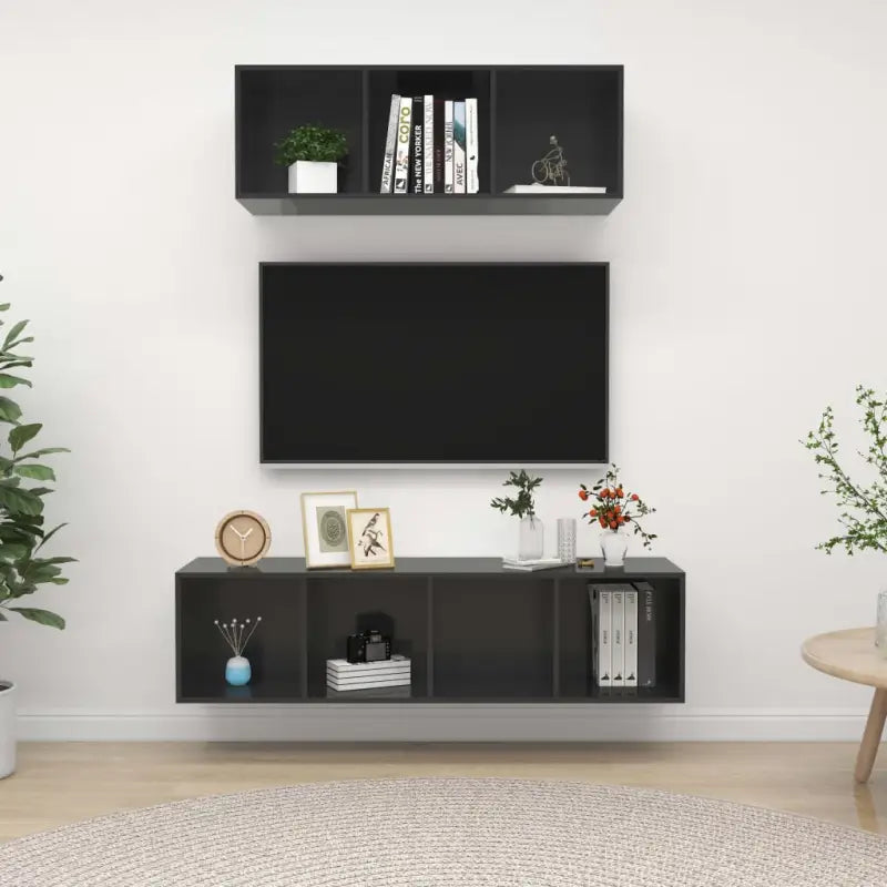 Muurbevestigde Tv Meubelset met Opbergruimte - Hoogglans grijs / 1 - Tv-meubels